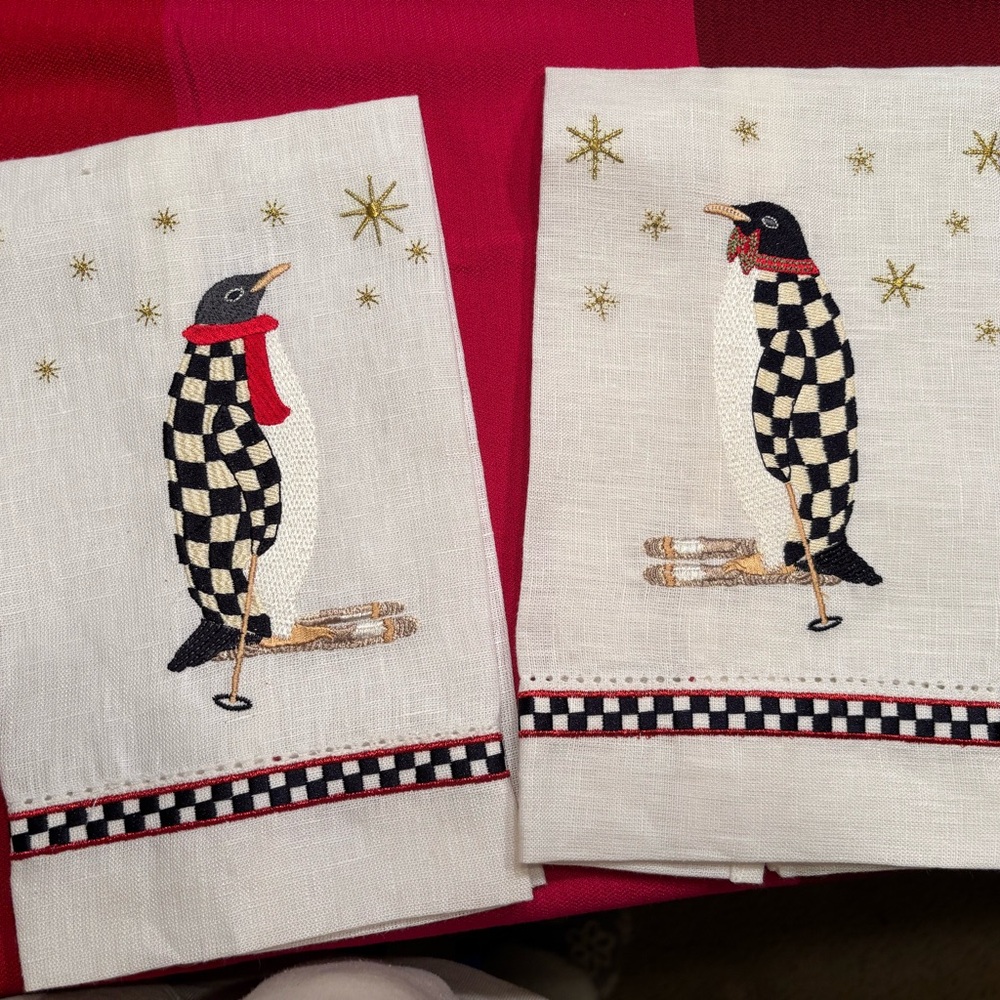 MacKenzie-Childs Festive Penguin Kitchen Towels - Black, White, Red, Gold